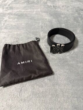 AMIRI Black Leather Belt with Flame Logo Buckle